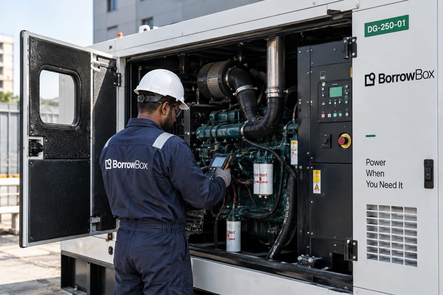 Technician inspecting the open engine compartment of a generator